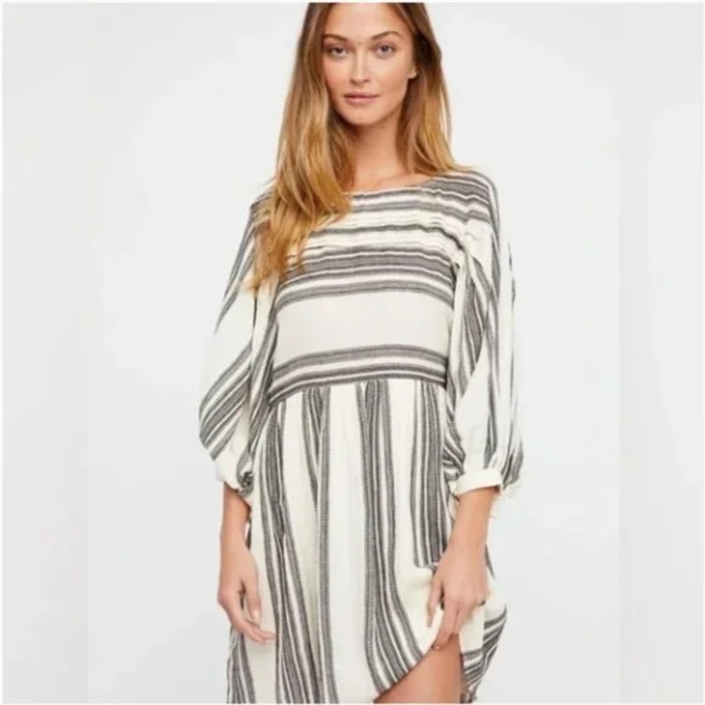 Sz M Free People Lily Tunic Cotton Striped Dress Boho light Neutrals black cream